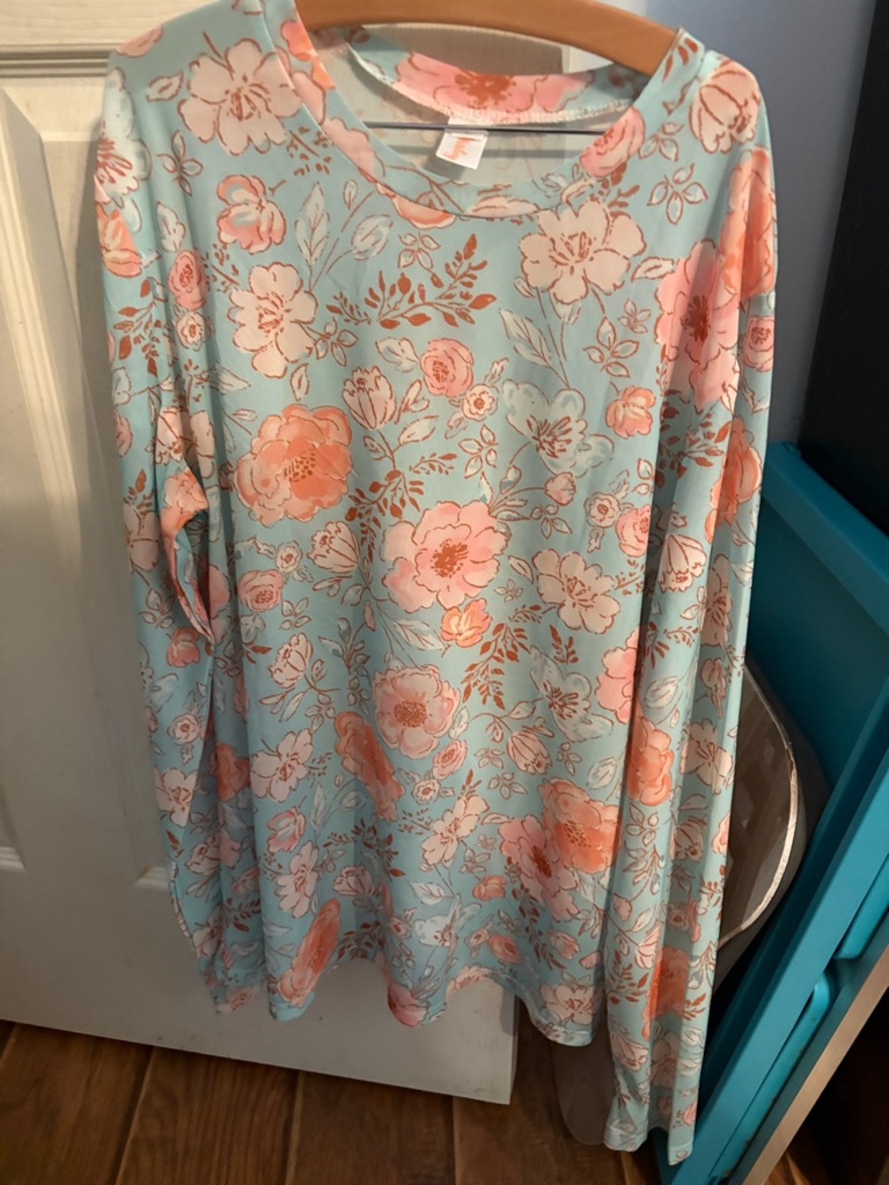 Mesh- Light Blue Floral Long Sleeve with Coral Flowers